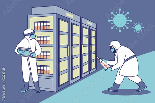 Health workers manage vaccine storage and distribution in a laboratory setting during a pandemic response effort