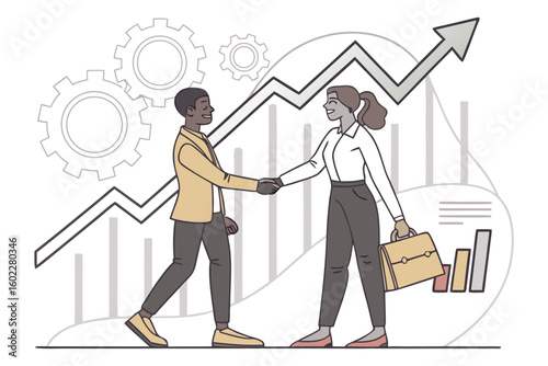 Business partnership meeting with handshake and growth graphs indicating success in strategy and teamwork at a corporate setting
