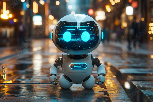 Wallpaper Mural Futuristic Cute Robot with Glowing Blue Eyes Standing in a Smart City Street at Night Torontodigital.ca