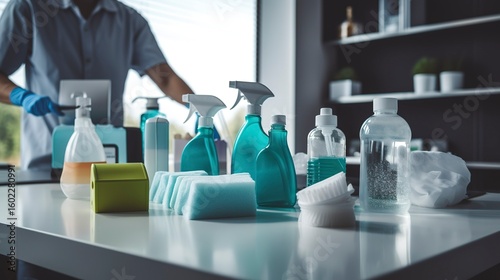 A photo of a commercial cleaning service team organized cleaning products