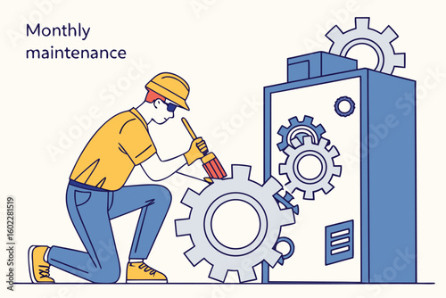 Monthly maintenance check by a technician in an industrial setting focusing on machine efficiency and performance enhancement