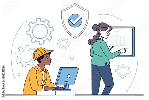 Two professionals working on a project with technology in a modern office setting, focusing on problem-solving and collaboration during daytime