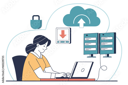 Woman working on laptop with cloud storage and data security symbols in a modern workspace during daytime