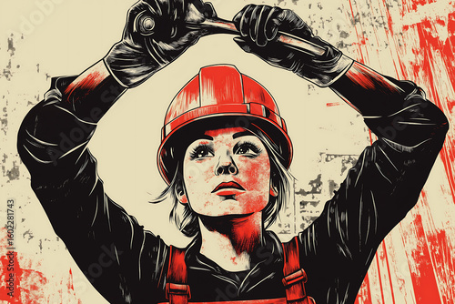 factory worker raising a wrench above her head illustration background for labor day