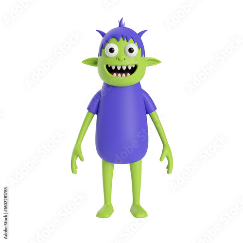 Friendly green monster with purple hair and shirt smiling with sharp teeth, standing on transparency background, cartoon character with playful expression and big eyes