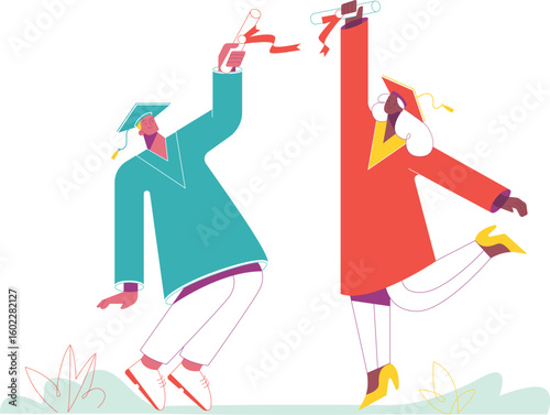 A vibrant digital illustration of two joyful graduates celebrating their accomplishments. On the left, a man in a teal graduation gown and cap, holding a diploma high in one hand.