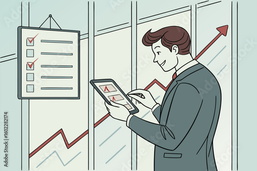 Business professional analyzes performance metrics using a tablet while a growth chart illustrates success in a modern office setting