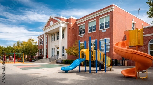 Modern public school building with playground on sunny day