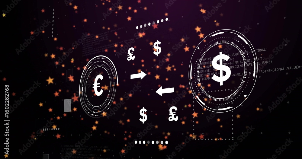 Obraz premium Displaying currency exchange graphic in digital interface, with Euro Dollar HUD arrows and stars