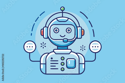 Cute chatbot character wearing a headset engages with users through speech bubbles against a light blue background during a digital communication session