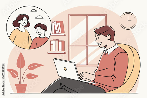 Man working on laptop in a cozy home office while connecting with family remotely on a pleasant day