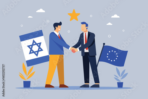 Two men shake hands in front of flags representing Israel and the European Union in a symbolic gesture of cooperation and partnership