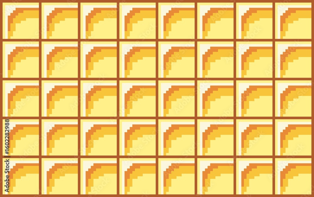 Naklejka premium Bright 8-bit pixel art background featuring a seamless pattern of yellow and orange striped blocks, creating a dynamic, abstract floor texture. Ideal for retro game designs and digital art projects.