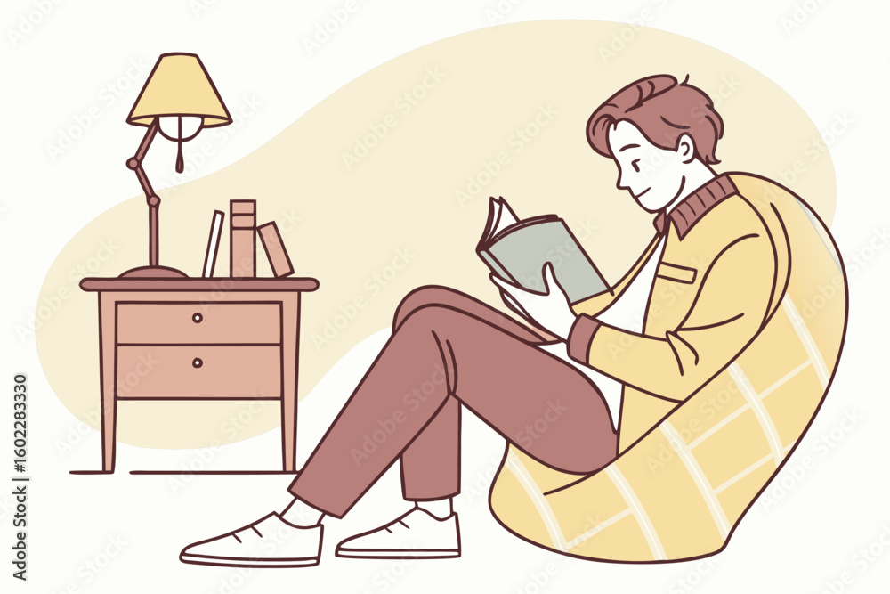 Obraz premium Enjoying a quiet afternoon reading a book in a cozy corner with a lamp and table nearby