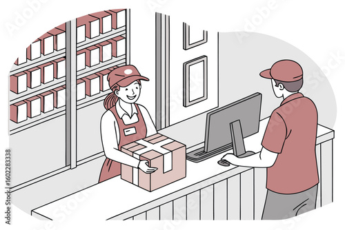 Delivery service employee hands package to customer at a counter in a retail location during daytime, showcasing friendly interaction between staff and clients