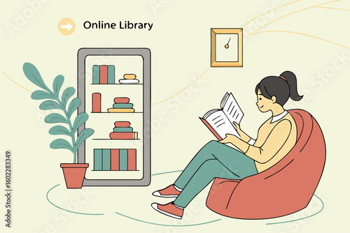 Reading a book in a cozy space with a shelf full of books and a plant, while surrounded by a peaceful atmosphere of an online library in a stylish setting
