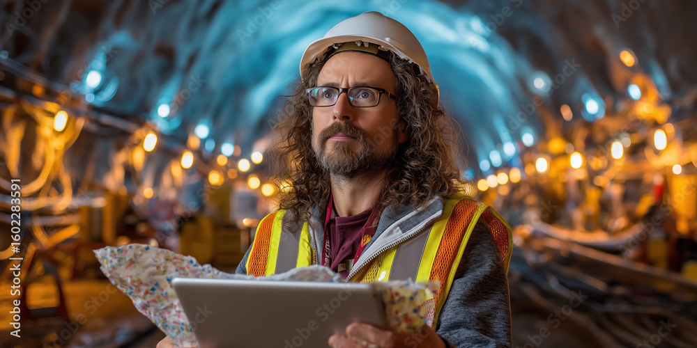 Engineer supervises the construction of a large tunnel, ensuring structural integrity, safety, and smooth progress underground Engineer supervises the construction of a large tunnel, ensuring structural integrity, safety, and smooth progress underground