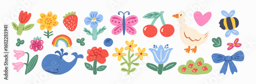 Crayon drawn kid doodle set. Adorable childish drawings colorful elements. Cute goose, whale, funny flowers, butterfly, cherry, heart, strawberry, bee. Naive girly vector illustration.
