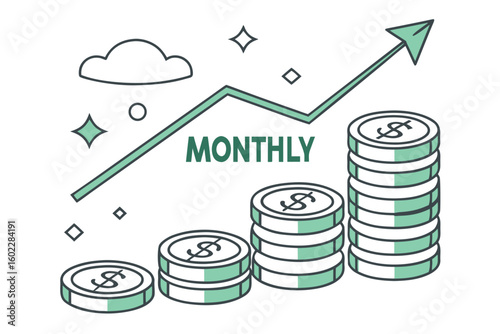 Growth in monthly income illustrated with stacked coins and an upward trend, symbolizing financial success and planning