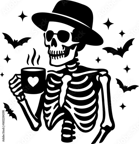 Black and white vector illustration of a skeleton in a hat holding a coffee cup, surrounded by bats and stars, spooky and whimsical Halloween artwork for seasonal crafts and dark-themed prints