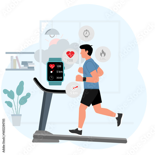 Flat vector of man running on treadmill at home, using smartwatch to track heart rate, distance, and workout time. Modern fitness technology in minimal indoor scene.