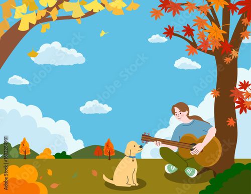 Autumn Serenade A Musician and Her Dog in a Fall Landscape