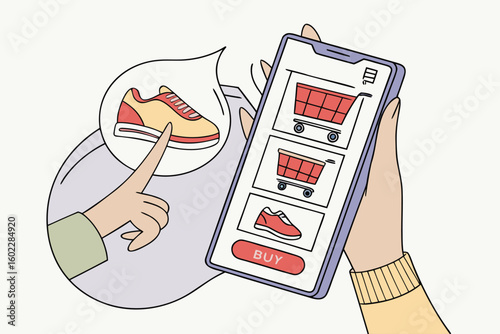 Person shopping for athletic shoes on a mobile application while interacting with interactive product display in a modern online shopping setting