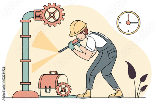 Man inspecting a plumbing system with tools in an industrial setting during daytime
