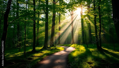 Sunlight streams through a forest, illuminating a winding path.