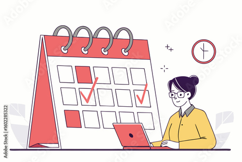 Person working on a laptop while planning tasks with a calendar in an office environment during the day