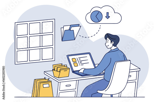 Office worker managing files and data storage on a computer while sitting at a desk with organized documents and a window view