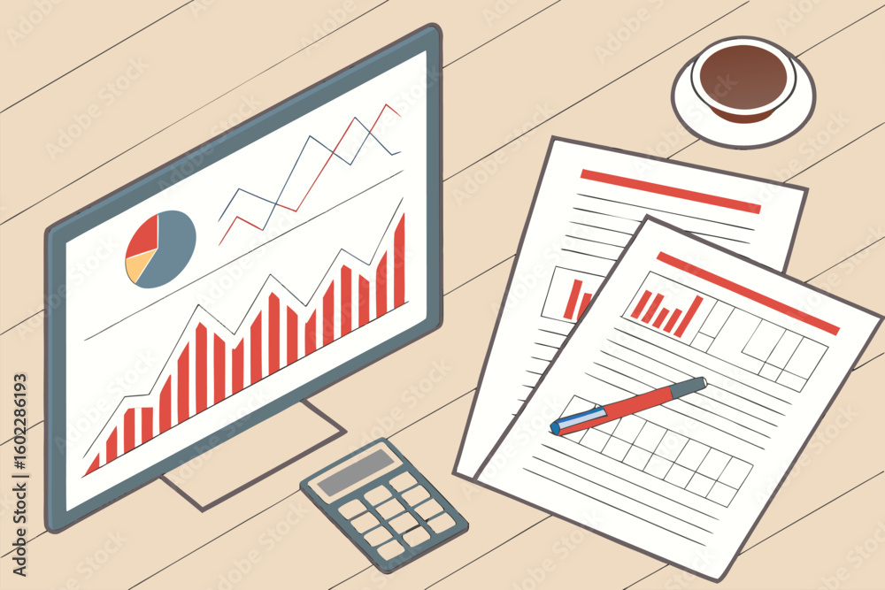 Obraz premium Professional workspace featuring financial reports, graphs, and coffee on a wooden desk