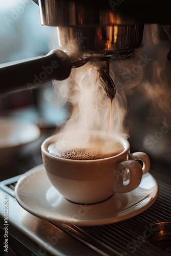 Espresso pouring from a machine into a white cup, steam rising, close-up shot highlighting the rich, dark brew and the process of coffee making