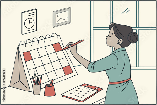 Woman marking important dates on a calendar while organizing her workspace in a well-lit room during daytime