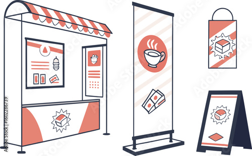 Illustration of a stylized coffee kiosk with promotional signage including a banner a frame sign and shopping bag all featuring coffee and product branding