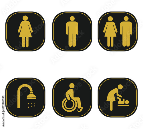 luxury hotel restroom sign set in black and gold – elegant rounded square icons for men, women, wc, baby room, accessible, shower, and more