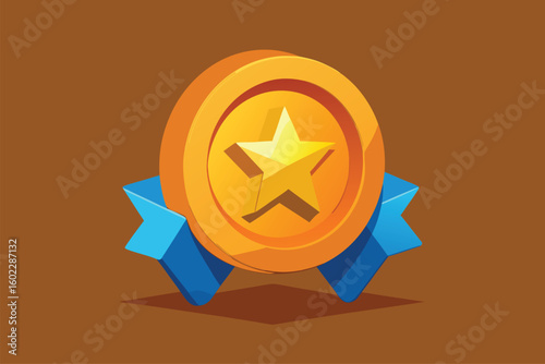 Award medal with a golden star and blue ribbons displayed against a brown background symbolizing achievement and recognition in various competitions and events