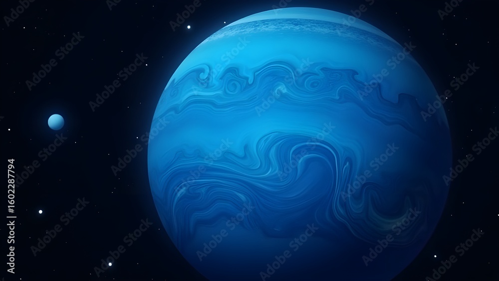 Naklejka premium A stunning digital illustration of the ice giant planet Neptune and its moon Triton, viewed from the dark expanse of deep space with stars.