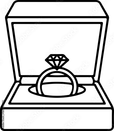Open ring box with diamond engagement ring inside simple line art illustration
