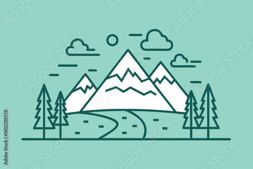 Scenic mountain landscape with trees and winding path under a clear sky, highlighting the beauty of nature and outdoor tranquility