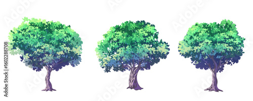 Set of green leafy trees in anime style. Vector illustration isolated on white background.