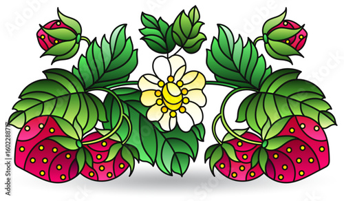 A stained glass illustration with composition of berries and strawberry leaves, isolated on a white background