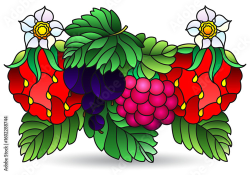 A stained glass illustration with composition of berries and leaves, isolated on a white background