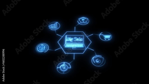 Neon Big Sale Concept with Glowing Business Icons and Digital Marketing Interface animation on Black Background