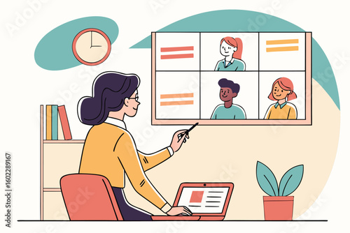 Remote team meeting takes place with participants discussing project updates and brainstorming ideas from different locations at home