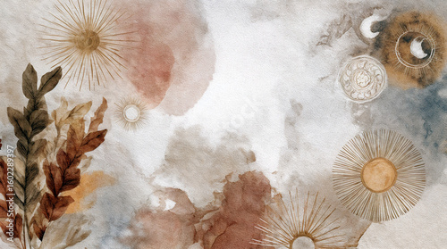 Minimalist botanical watercolor illustration with abstract shapes and dried floral elements in earthy brown and beige tones. Perfect for boho decor, wall art, or backgrounds