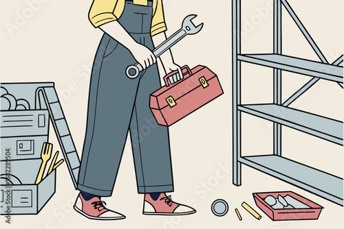 Individual in overalls holds a wrench and toolbox while organizing tools in a workshop space