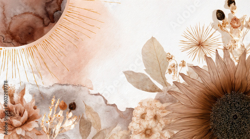 Minimalist botanical watercolor illustration with abstract shapes and dried floral elements in earthy brown and beige tones. Perfect for boho decor, wall art, or backgrounds