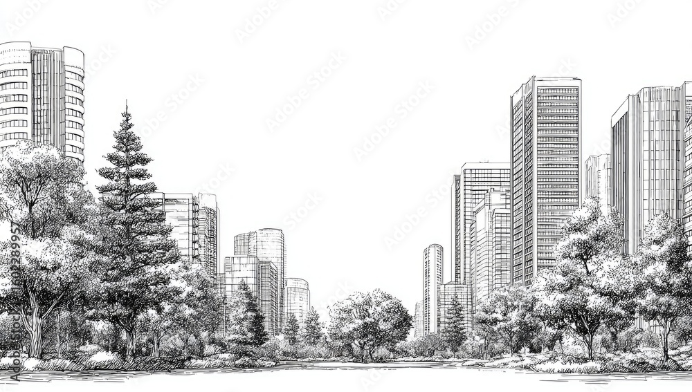 Naklejka premium Urban park sketch, tall buildings