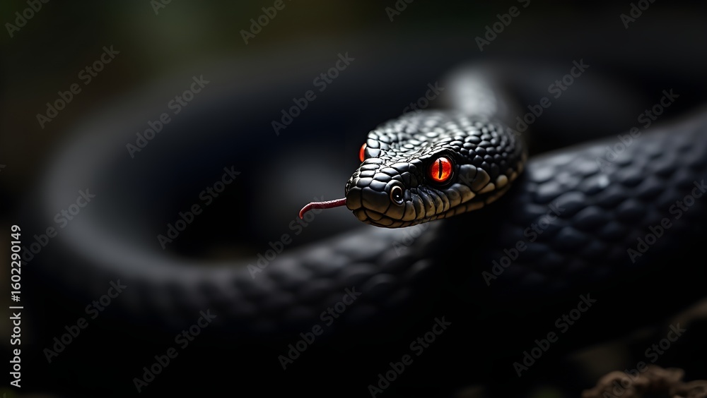 Fototapeta premium Striking Black Snake with Red Eyes in Natural Habitat Venomous Reptile Portrait